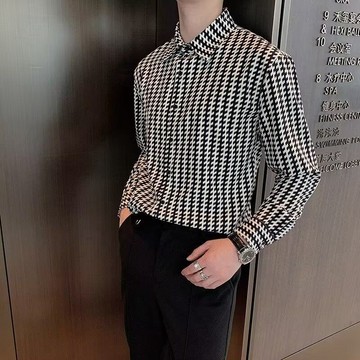 韓國條紋格子長袖襯衫男 韓版緊身潮流帥氣商務休閒髮型師男裝襯衫