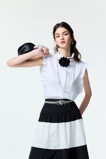 花朵別針式荷葉襯衫背心