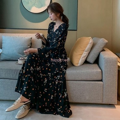 ワンピース マキシワンピース レディース 春秋 オシャレ 長袖 Vネック シフォン 花柄ワンピース パーティー 結婚式 発表会 演奏会 きれいめ 通販 Lineポイント最大get Lineショッピング