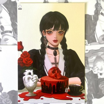 紅色蛋糕 - 明信片 (SooK) 復古女孩裝飾插畫 骨頭 萬聖節