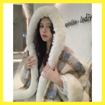 WIT#加絨加厚保暖格子披肩外套女 | 秋冬新款大毛領連帽毛呢開衫披風鬥篷