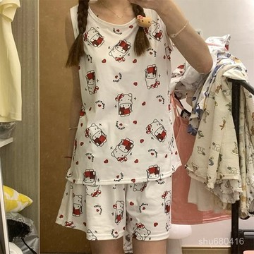 【全店免運 臺灣發貨】日係可愛凱蒂貓無袖圓領上衣寬鬆家居服夏季學生甜美薄款背心套裝透氣 舒適 性價比高 優惠