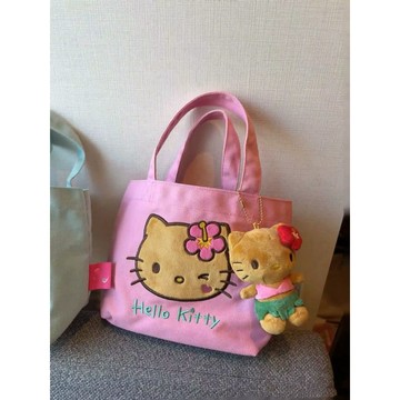 kitty手提包 可愛新款帆布kitty通勤刺繡拎包便攜收納外出撞色手提小包包
