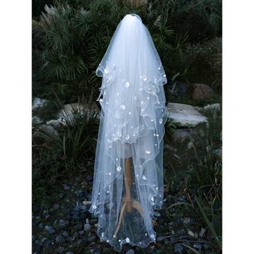 頭紗新娘主婚紗求婚長款主紗高級法式白色重工花朵結婚輕頭飾拍照