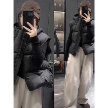 秋冬輕柔泡芙蓬松連帽羽絨棉馬甲女短款保暖輕薄時尚百搭坎肩外套