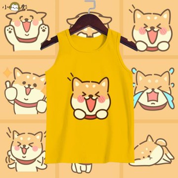 日系ins手繪柴犬表情包柯基柴犬無袖t恤衫男女兒童裝學生純棉背心
