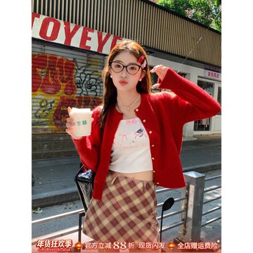 紅色開衫女毛衣外套外搭2025秋冬新款圓領慵懶風氣質針織長袖上衣