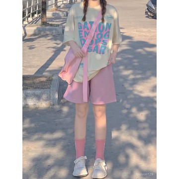 💛限時下殺💛多巴胺女孩穿搭套裝女學生夏季韓版寬鬆印花短袖闊腿短褲兩件套潮