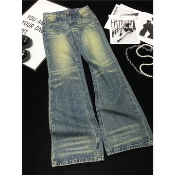 CCA自制拼接低腰復古修身洗水牛仔褲做舊拖地微喇牛仔長褲喇叭褲