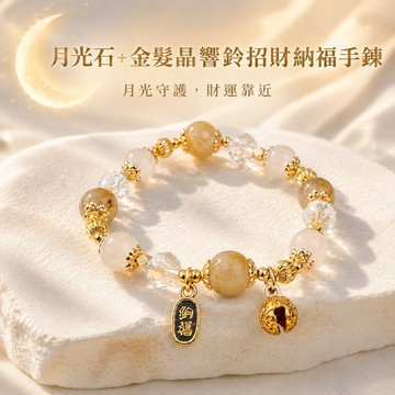 天藍小舖-月光石+金髮晶響鈴招財納福手鍊(客製手圍)-單1款-【A31310206】