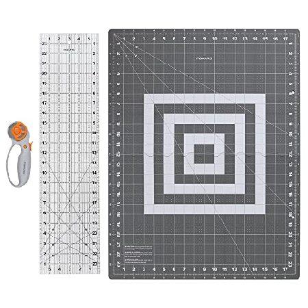 Fiskars Piece Rotary Cutter Set, 45 mm Blade Rotary Fabric Cutter, Fabric Cutting Mat, Ruler for Sewing, Crafts, White Grey