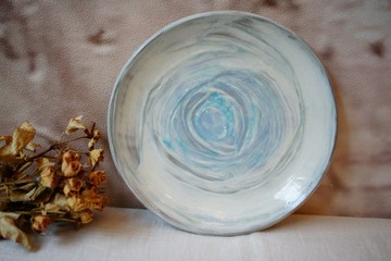 手作粉引圓盤 藍白匯 Ø18cm 圓皿 餐盤 水果盤