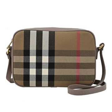BURBERRY 8084497 格紋帆布皮邊斜背拉鍊相機包.芋粉邊
