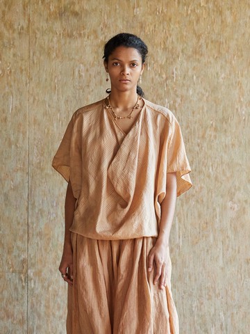 復古文青 絲棉植物染襯衫 提花微鏤空輕薄套頭衫