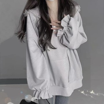 灰色衛衣女2025新款春秋韓系慵懶風寬松連帽v領設計感喇叭袖上衣