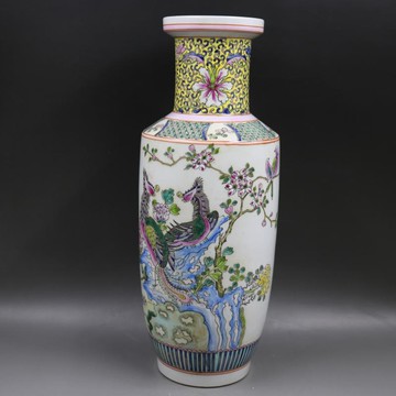 清康熙粉彩鳳戲牡丹棒槌瓶家居仿古瓷器客廳擺件古董古玩老貨收藏1入