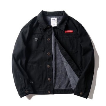 多口袋休閑牛仔外套男士加絨刺繡夾克日系潮流帆布工裝加厚男潮牌