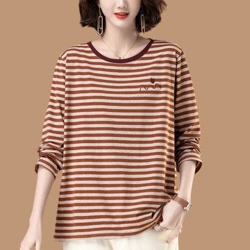條紋長袖T恤女春秋薄款大碼寬松中年媽媽時尚遮肚顯瘦洋氣打底衫