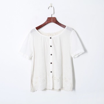 夏季新款女裝甜美鉤花鏤空上衣氣質圓領單排扣寬松顯瘦襯衫