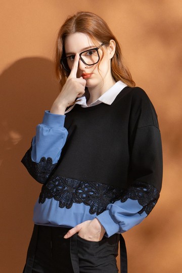 MW 落肩拼接撞色蕾絲長袖上衣