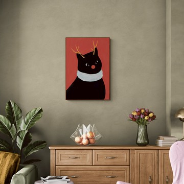 藝術掛畫｜Erdy | 耶誕節的黑貓 - 原木色鋁框