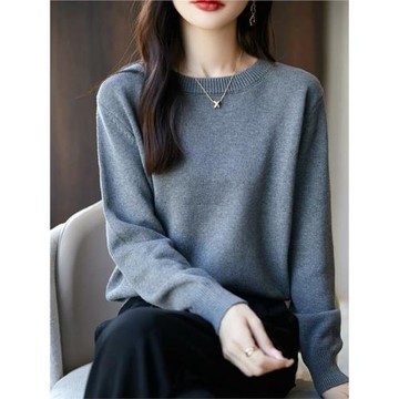 秋冬純棉線加厚長袖針織打底衫女圓領毛衣韓版寬松內搭全棉線上衣