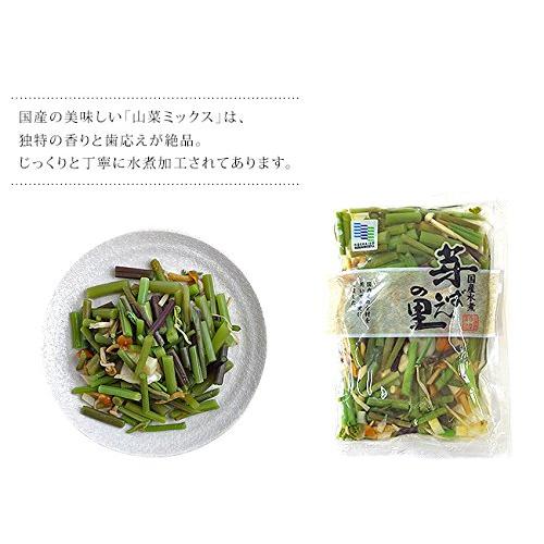 山菜ミックス 80g×6袋 (みず・わらび・えのき・たけのこ・なめこが入った水煮) (芽ばえの里)山菜独特の食感と風味がたまらない国産水煮。