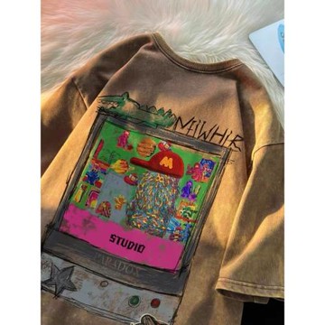 美式復古水洗做舊純棉短袖T恤男女夏季潮牌創意涂鴉印花情侶上衣