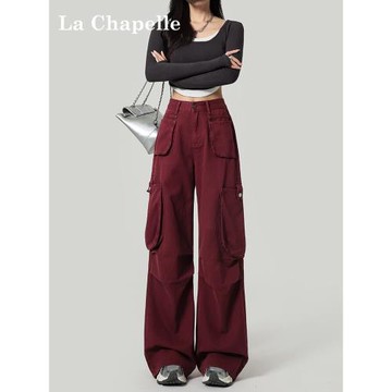 拉夏貝爾美式復古紅色工裝牛仔褲女酷颯風春秋2026新款寬松闊腿褲