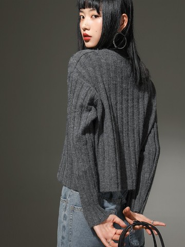 坑條針織衫短款新款春秋女內搭百搭顯瘦長袖圓領套頭寬松上衣