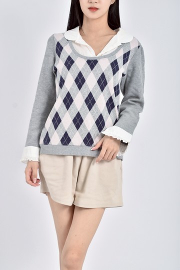 (S) elle棉質大童格紋假兩件灰色長袖上衣