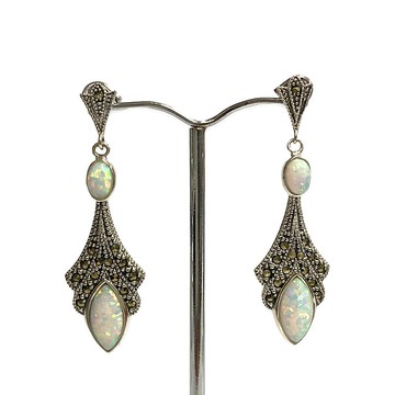 維多利亞風格 Gilson 蛋白石與白鐵礦吊式耳環 925 純銀