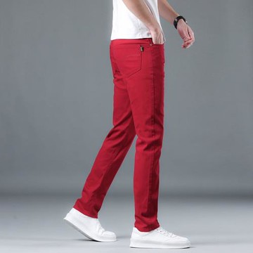 酒紅色彈力修身牛仔褲男直筒寬松秋冬款休閑本命加絨休閑男士長褲