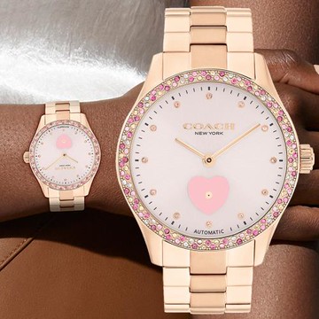 COACH 璀璨晶鑽浪漫愛心機械錶/38mm/玫瑰金X粉紅/CO14504523
