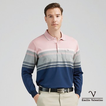 【Emilio Valentino范倫鐵諾】男裝彈性吸排薄長袖POLO衫_粉灰藍(66-4V8159)