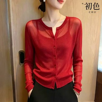 初色 韓系純色簡約微透單排扣顯瘦圓領長袖開衫上衣女上衣-紅色-52624(M-XL可選)