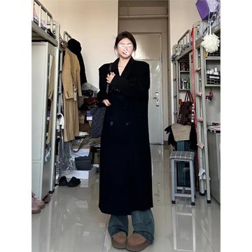 (免運)高級感黑色毛呢外套女2025秋冬新款小個子中長款正肩西裝呢子大衣