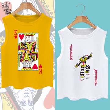 中國風撲克牌大小王JQK純棉背心男女大中小兒童裝學生款無袖T恤衫