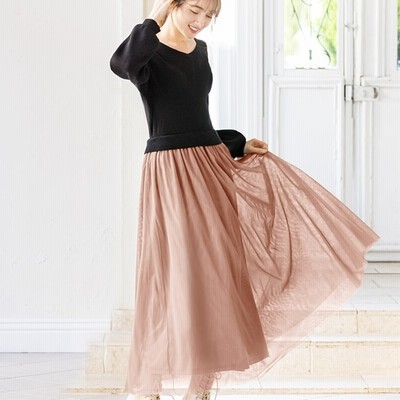 ベルーナ ニットチュールドッキングワンピース ライトグレー ブラック M レディース ニット チュール スカート コーデ フェミニン 楽ちん カジュアル あったか 通販 Lineポイント最大get Lineショッピング