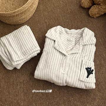 條紋ins小黑貓情侶睡衣男女款秋冬季珊瑚絨加厚保暖可外穿家居服