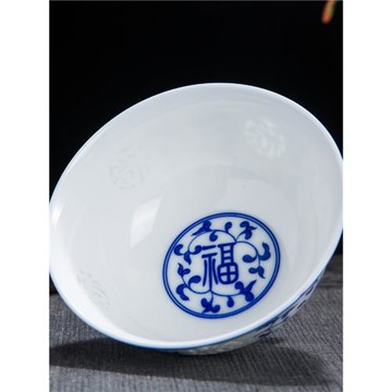 釉下彩碗米飯碗透光雕刻玲瓏中式復古風景德鎮青花家用高腳防燙