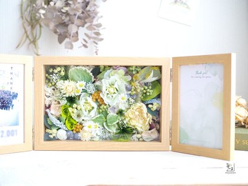 【照片更換OK / 生日/結婚禮物】綠漸層保鮮花和乾燥花雙層相框相框/花盒