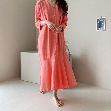 [米蘭精品] 洋裝七分袖連身裙-夏季V領寬鬆拼接魚尾女裙子74kf82