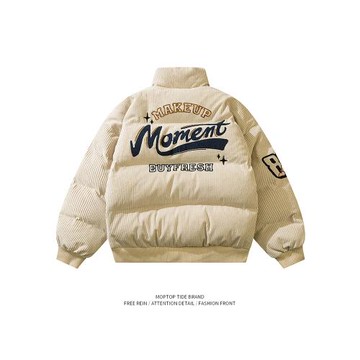 WH先生美式燈芯絨刺繡立領棉服男女潮牌寬松面包服情侶外套棉衣