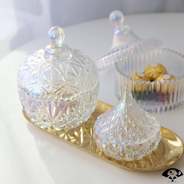 人魚姬幻彩水晶玻璃罐糖果零食儲物罐方糖罐化妝棉收納罐裝飾擺件