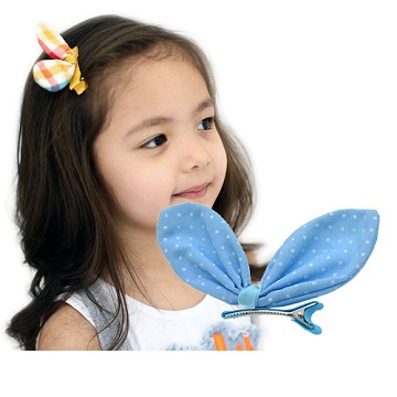 Charme  韓國流行 可愛兔耳朵鴨嘴夾 圓點藍色