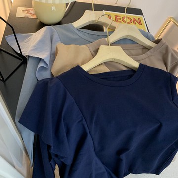 日單 設計感小眾拼接荷葉邊上衣A-17夏季寬松韓版長袖圓領t恤女潮