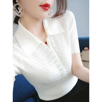 哥家正品2025夏季新款修身鏤空女士翻領冰絲針織短袖釘珠t恤上衣