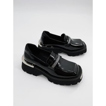 英倫風方頭粗跟單鞋黑色厚底小皮鞋女小眾設計拉鏈金屬裝飾樂福鞋