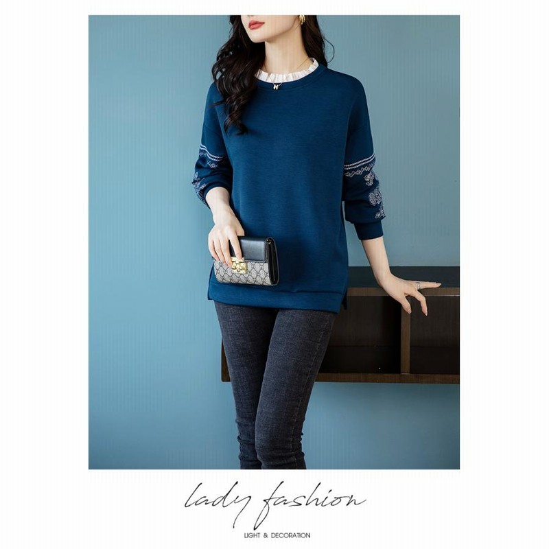 Tシャツ レディース レース かわいい 袖刺繍入り サイドベント フェイクレヤード スウェット トップス 女性 カットソー レディース Tシャツ レース かわいい サイドベント 袖刺繍入り
